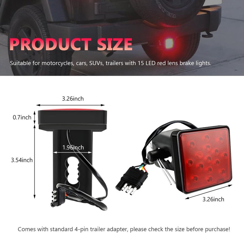 NYTKL 15 LED Brake Light Trailer Hitch Cover, Smoked Lens Square Brake Tail Light w/Trailer Adapter Pin, 12V Super Bright LED Towing Hitch Lighting Accessories Fit 2" Receiver (Red) - Image 2